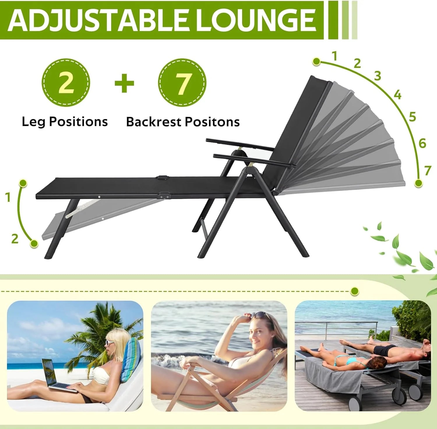 AECOJOY Outdoor Chaise Lounge Chair, Adjustable Reclining Folding Pool Lounger for Poolside