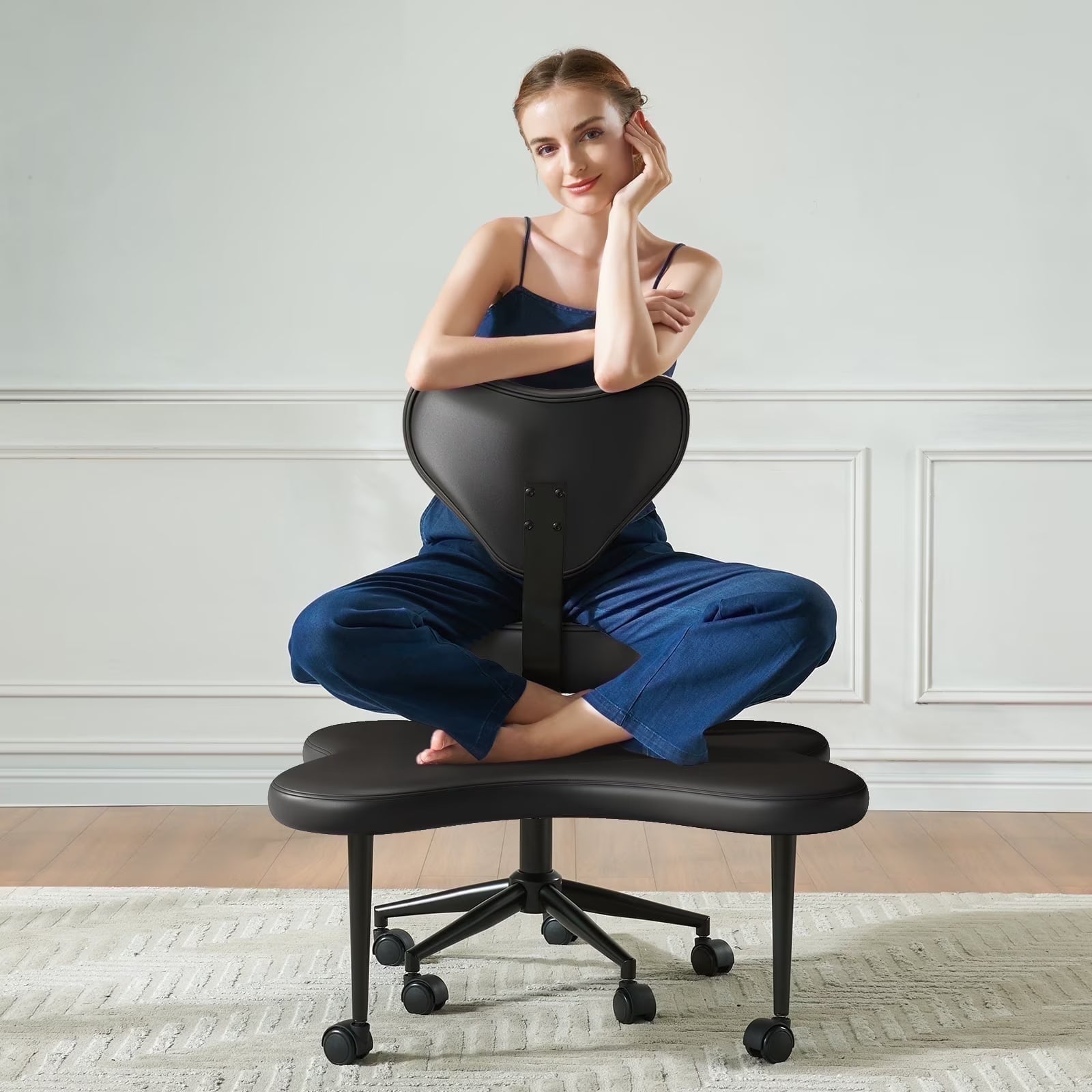 Pinmoco Ergonomic Cross Legged Swivel Chair, Adjustable Height and Teddy Fabric, Meditation& ADHD Chair with Back Support, Home and Office, Off White